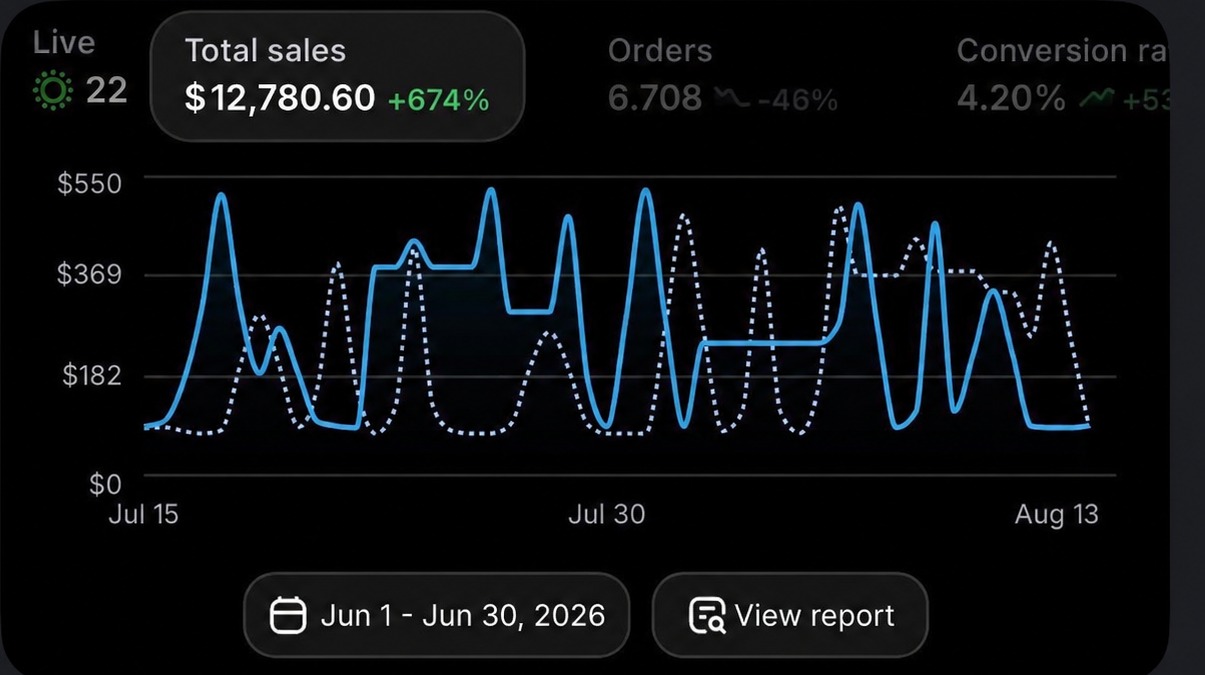 Amir's dashboard showing $12,780.60 in revenue, up 674%